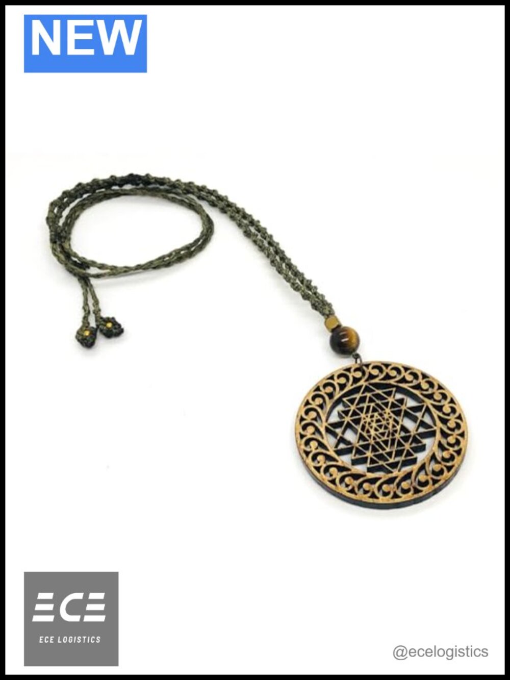 Handmade Wood Sri Yantra Mandala Necklace Tiger Eye Stone Macrame Spiritual